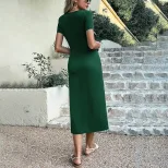 V Neck Knotted Waist Midi Dress Elegant Solid Color Split Design Comfortable Knit Fabric Perfect