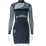 Elegant Womens Bodycon Dress Solid Color Hollow Out Mesh Paneling Perfect for Parties and Events