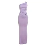Asymmetrical Shoulder Bodycon Dress Stylish Color Block Design Sexy Split Hem Perfect for Autumn