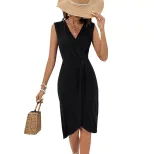 Elegant Black Sleeveless V Neck Split Maxi Dress New Arrival European and American Style Perfect