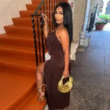 Chic Womens Dress Solid Color Asymmetrical Hem Deep V Neck Halter Neck Bodycon Style Perfect for