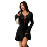 Womens Sexy Tie Front Semi Open Cardigan Dress Ruffled Hem Slim Fit Short Length Spring Summer F