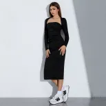 Two Piece Dress Set Sexy Strapless Long Sleeve Mid Length Side Slit Autumn Winter Fashion for Wo