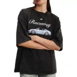 Loose Fit European Style Car Print Short Sleeve T Shirt for Women Summer Wash Effect Vintage Des