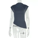 Asymmetrical High Neck Short Sleeve T Shirt Slim Fit Solid Color Summer Fashion Casual Wear for
