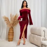 Elegant Midi Dress Sexy Celebrity Style Wine Red Color Spring Summer Collection Wholesale Availa