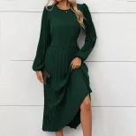 Elegant Long Sleeve Pleated Dress in Dark Green and Navy Blue for Autumn Office Wear Wholesale Low MOQ