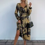 Vintage Party Dress V Neck Long Sleeve Gold Foil Detail Elegant Style for Special Occasions Whol