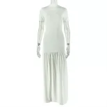 Elegant Womens Midi Dress Round Neck Short Sleeve Bodycon Fit Pleated Color Block Casual or Even