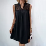 Casual Loose Dress European Style Stand Collar Solid Color Lace Panel Perfect for Spring Summer
