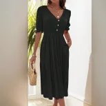 Casual Puff Sleeve V Neck Dress Simple Design Wrinkled Fabric Solid Color Perfect for Office Wea