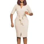 Elegant Womens Pencil Dress V Neck Solid Color Bodycon Fit Perfect for Office Wear or Formal Occ