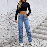 Womens Casual Layered Wide Leg Wrinkled Denim Pants Stretchy Fabric Relaxed Fit Trendy Style Who