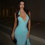 Summer Womens Dress Solid Color Pleated Sexy Deep V Neck Halter Backless Bodycon Style Perfect f