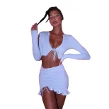 Spring Autumn Womens Casual Set Long Sleeve Cardigan with Tie High Waist Bodycon Skirt Chic Styl