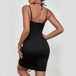 Black Bodycon Dress with Ruched Detail and Adjustable Straps for Women in Multiple Sizes