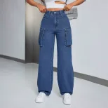 Loose Fit Wide Leg Denim Trousers for Women Large Pockets Casual Style Comfortable Fabric Availa