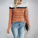 Womens Long Sleeve Striped T Shirt Casual Round Neck Soft Fabric Autumn Wear custom packaging
