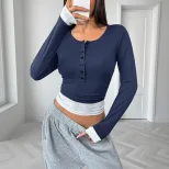 Casual Color Block Long Sleeve Top for Women Slim Fit Round Neck Comfortable Fabric Perfect for