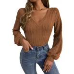 V Neck Puff Sleeve Knit Top Slim Fit Casual Style Elegant Design Perfect for Office Wear Wholesa