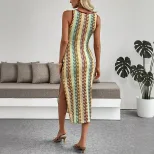 Sleeveless Striped Color Block Bodycon Dress Round Neck Ethnic Style Vacation Wear Wholesale Ava