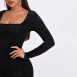 Velvet Bodycon Dress Sexy Split Hem Square Neck Long Sleeve Elegant French Style for Parties Who