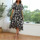 Black Floral Print One Piece Dress Short Sleeve Summer Style Casual Wear Wholesale Available