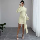 Fashionable Solid Color Bodycon Dress High Neck Flared Sleeves Slim Fit Casual or Evening Wear W