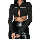 Stylish Womens T Shirt Unique Design Cross Tie Hollow Out Short Sleeve Spring Summer Casual Wear