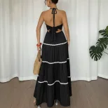 Color Block V Neck Halter Dress Sexy Cake Skirt Design Perfect for Vacations and Summer Events W