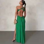 Sleeveless Asymmetrical Dress Solid Color Sexy Backless Long Length Ruched Design Side Slit Even