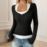 Color Block Long Sleeve T Shirt Slim Fit Milk Silk Fabric Spring Summer Style Wholesale Availabl