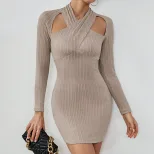 Long Sleeve Knitted Bodycon Dress Hollow Out Halter Neck Stretch Fabric Sexy Winter Party Wear W