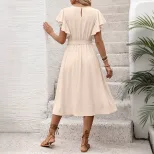 Casual Solid Color A Line Dress Flutter Sleeves Round Neck Tie Waist Perfect for Vacation or Sum