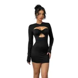 Y2K Party Dress Sexy Hollow Out Long Sleeve Bodycon Fit Solid Color Spring Summer Collection Rea