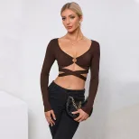 Womens Sexy Hollow Out Slim Fit Long Sleeve Knit Top Spring Summer Collection Trendy Casual Wear