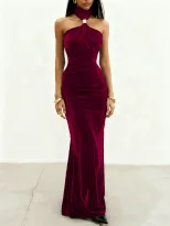 Velvet Backless Maxi Dress with Metal Buckle Waist Detail for Elegant Occasions in Red Sizes S to XL