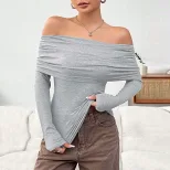 Womens Knit Long Sleeve Top Off Shoulder Slim Fit Fashionable Design Autumn Winter Style Wholesa