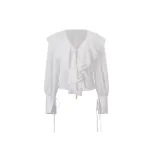 Chiffon Cardigan Top Ruffled Hem Lantern Sleeves Stylish Elegant Autumn Fashion for Women Wholes