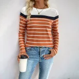 Womens Long Sleeve Striped T Shirt Casual Round Neck Soft Fabric Autumn Wear custom packaging
