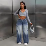 Loose Fit Wide Leg Denim Work Pants Multi Pocket Design Casual Everyday Wear Ready to Ship whole