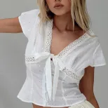 Womens Summer T Shirt Sexy V Neck Bow Tie Detail Short Sleeve French Style Casual Wear Wholesale