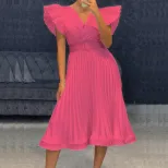 Womens V Neck Pleated Dress with Flutter Sleeves Elegant Design Belt Included Perfect for Partie