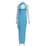 Elegant Halter Neck Bodycon Dress Slim Fit Flowing Ribbons High Quality Fabric Evening Wear Cock