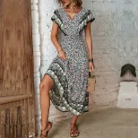Vintage Bohemian Ruffle Hem V Neck Printed Dress Elegant Design Comfortable Fabric Perfect for S