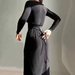Womens V Neck Midi Dress Simple Solid Color Adjustable Waist Drawstring Spring Summer Casual Wea