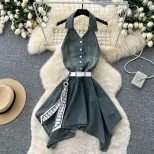 Sleeveless Summer Dress for Women Blue Ruffled Cake Style Casual Vacation Wear