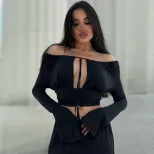 Womens Long Sleeve Off Shoulder Crop Top Solid Color Hollow Out Lace Up Design Trendy Autumn Fas