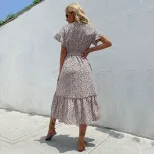 Summer Fashion Leopard Print Midi Dress for Women Short Sleeve Split Design Trendy Style Perfect