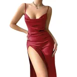 Summer Womens Burgundy Satin Slip Dress High Slit Sexy Design Spaghetti Straps Perfect for Parti